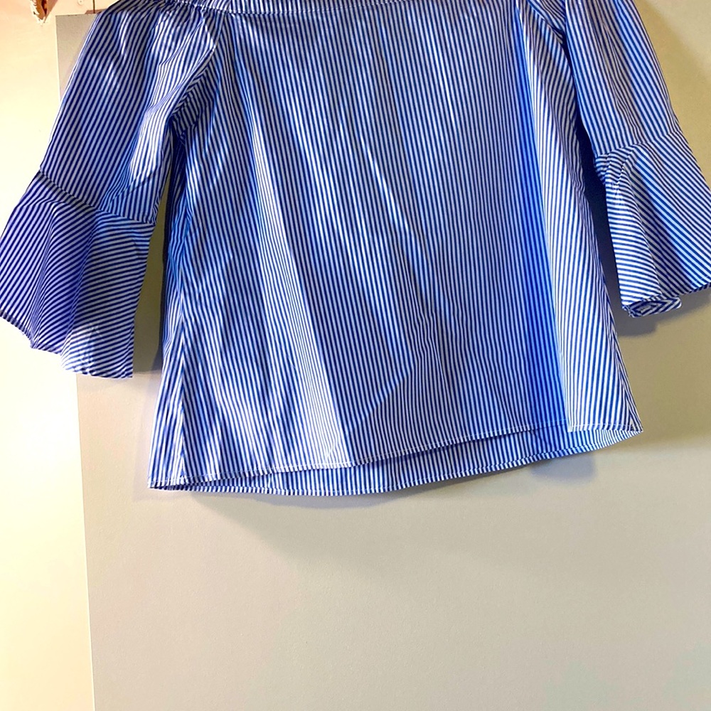 Off the shoulder blue and white striped blouse